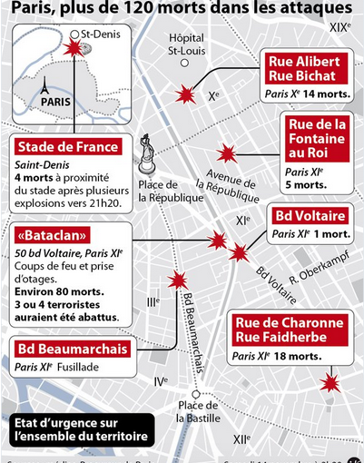 【地図】パリ同時多発テロ事件の発生地点詳細